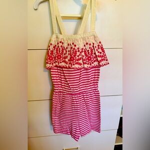 Hanna Andersson Pink and White Striped Romper Embroidered Floral Size 6-7 (120)
